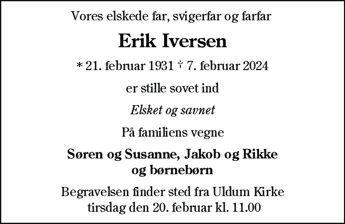 Dødsannonce for Erik Iversen
