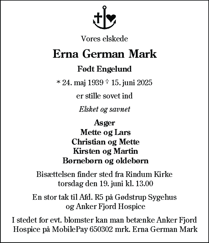 Dødsannonce for Erna German Mark