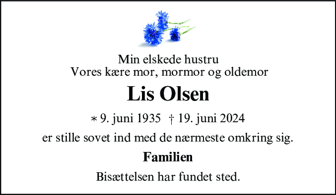 Dødsannonce for Lis Olsen