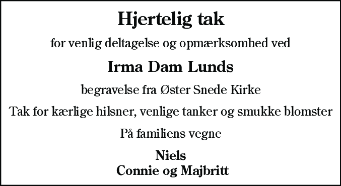 Dødsannonce for Irma Dam Lund