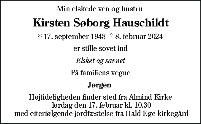 Dødsannonce for Kirsten Søborg Hauschildt