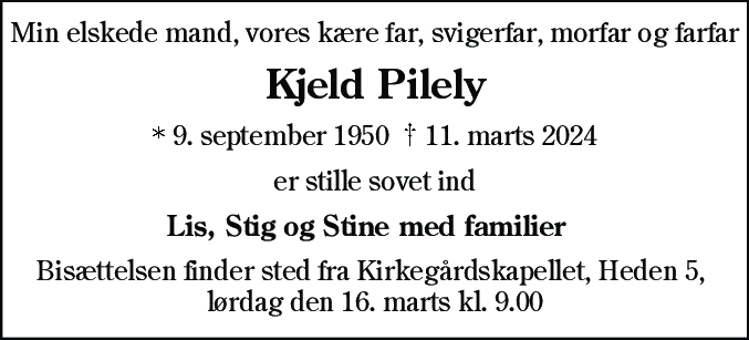 Dødsannonce for Kjeld Pilely