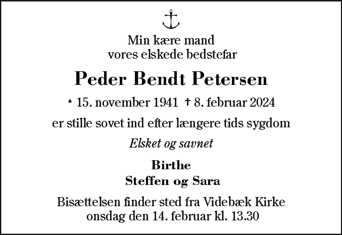 Dødsannonce for Peder Bendt Petersen