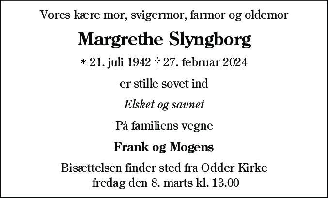 Dødsannonce for Margrethe Slyngborg