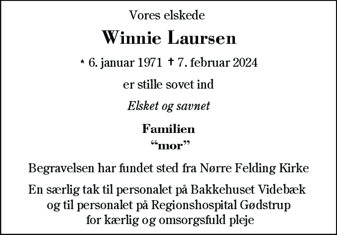 Dødsannonce for Winnie Laursen