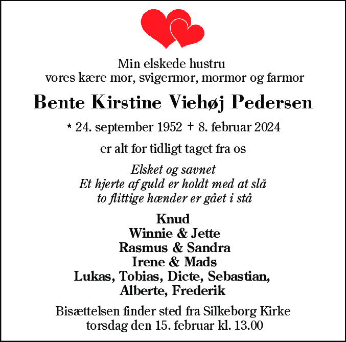 Dødsannonce for Bente Kirstine Viehøj Pedersen