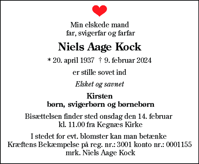 Dødsannonce for Niels Aage Kock