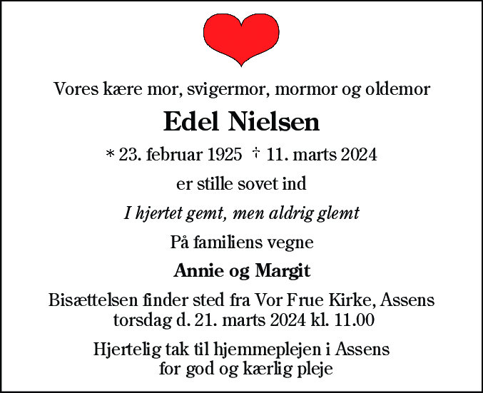 Dødsannonce for Edel Nielsen