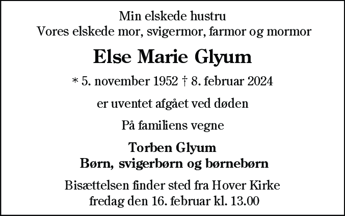 Dødsannonce for Else Marie Glyum