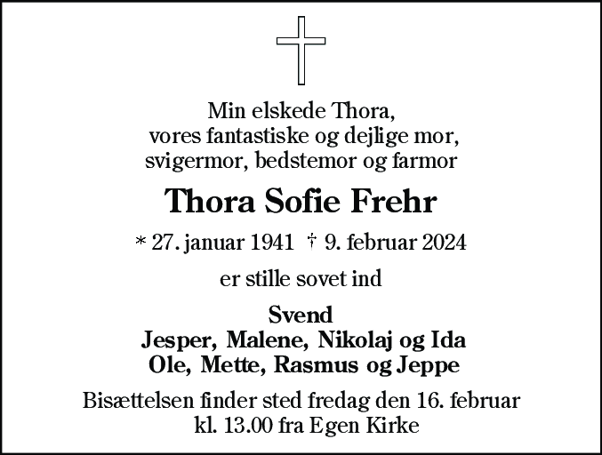 Dødsannonce for Thora Sofie Frehr