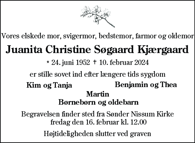 Dødsannonce for Juanita Christine Søgaard Kjærgaard