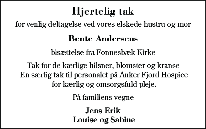 Dødsannonce for Bente Andersen
