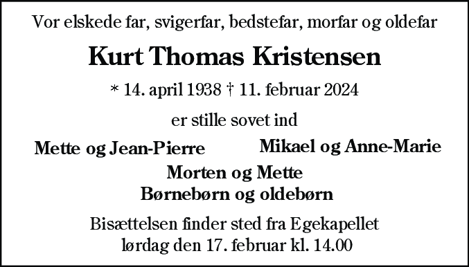 Dødsannonce for Kurt Thomas Kristensen