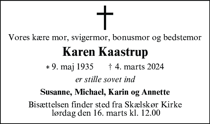 Dødsannonce for Karen Kaastrup