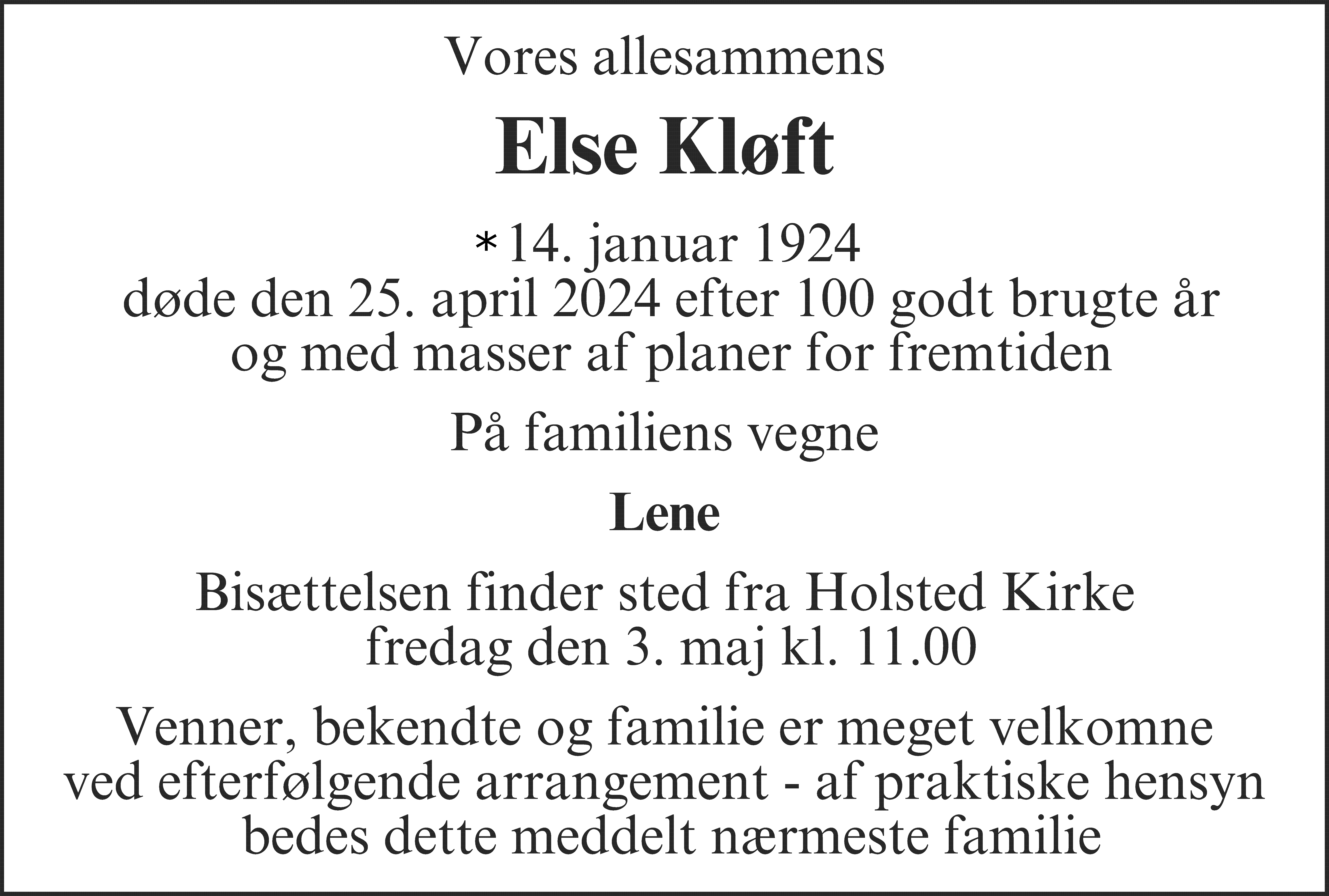 Dødsannonce for Else Schou Kløft