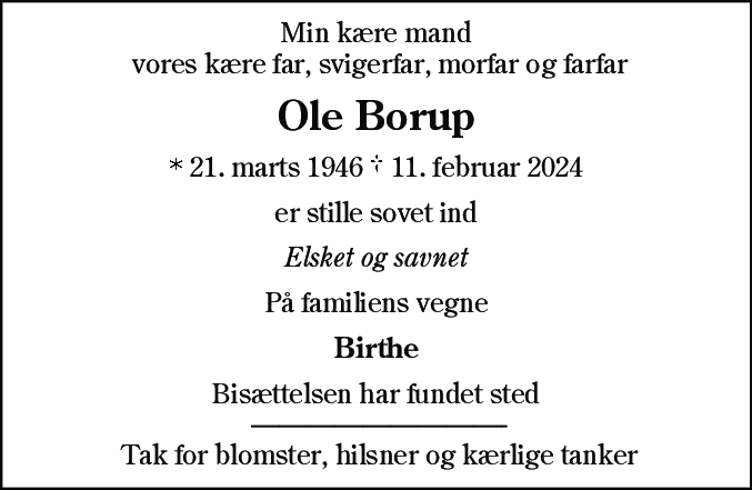 Dødsannonce for Ole Borup