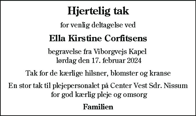 Dødsannonce for Ella Kirstine Corfitsen