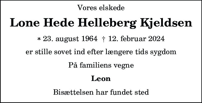 Dødsannonce for Lone Hede Helleberg Kjeldsen