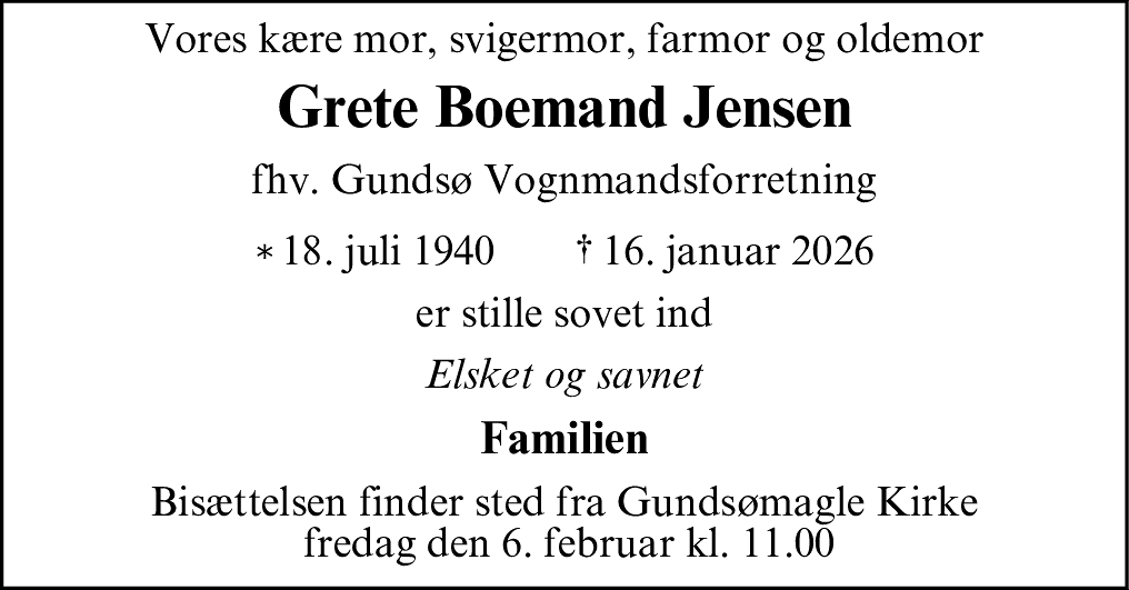Dødsannonce for Grete Boemand Jensen