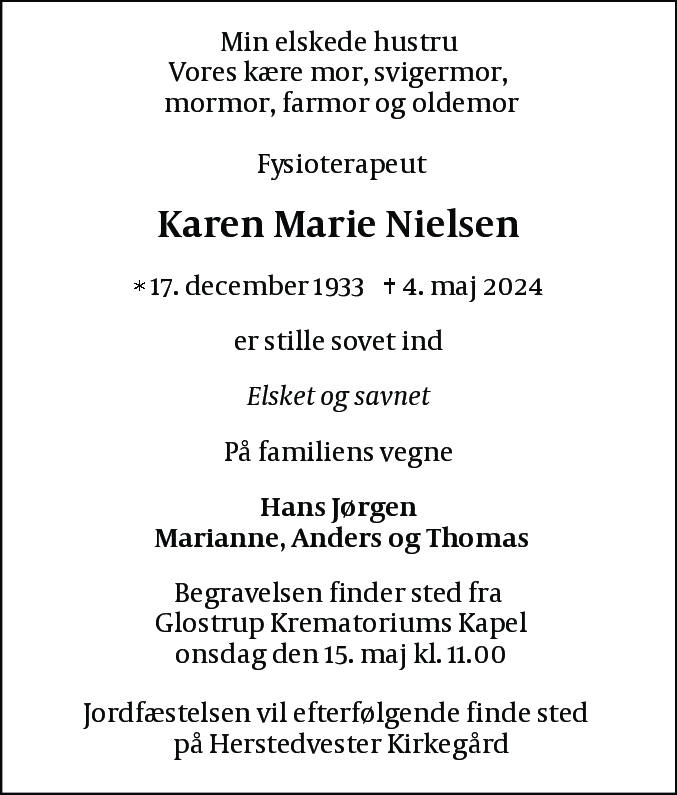 Dødsannonce for Karen Marie Nielsen