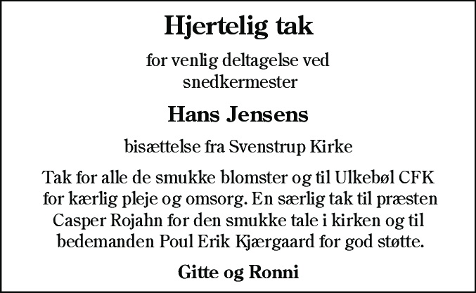 Dødsannonce for Hans Jensen