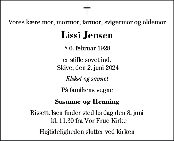 Dødsannonce for Lissi Jensen