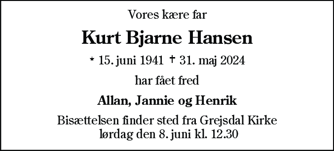 Dødsannonce for Kurt Bjarne Hansen