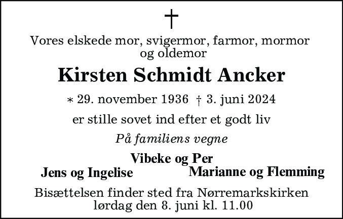 Dødsannonce for Kirsten Schmidt Ancker