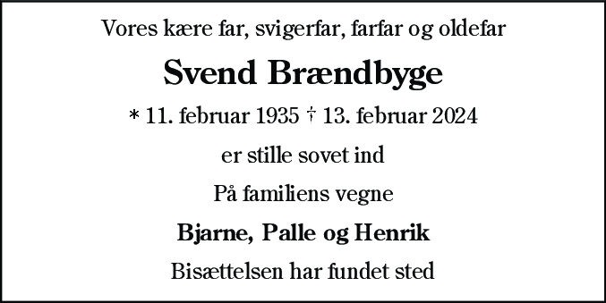 Dødsannonce for Svend Aage Brændbyge