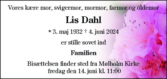 Dødsannonce for Lis Dahl