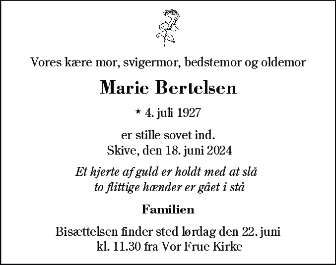 Dødsannonce for Johanne Marie Bertelsen