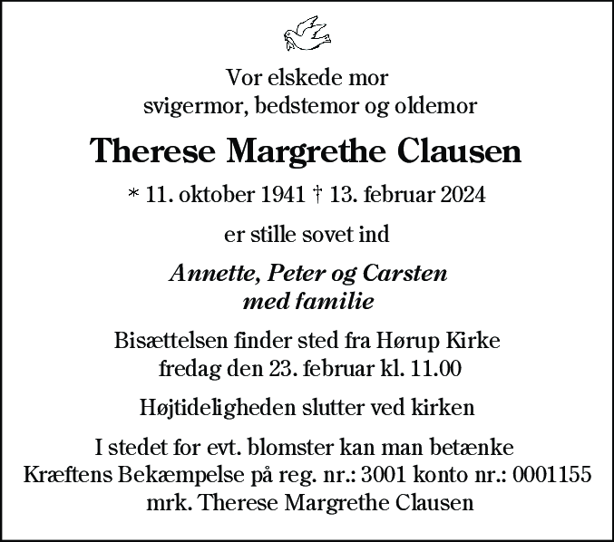 Dødsannonce for Therese Margrethe Clausen