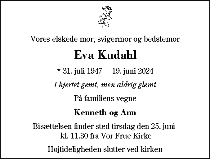 Dødsannonce for Eva Kudahl