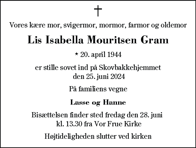 Dødsannonce for Lis Isabella Gram