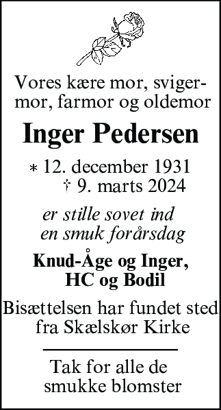 Dødsannonce for Inger Marie Pedersen
