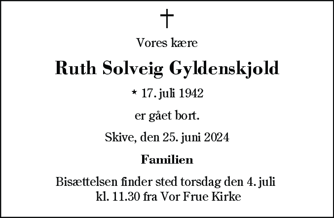 Dødsannonce for Ruth Solveig Gyldenskjold