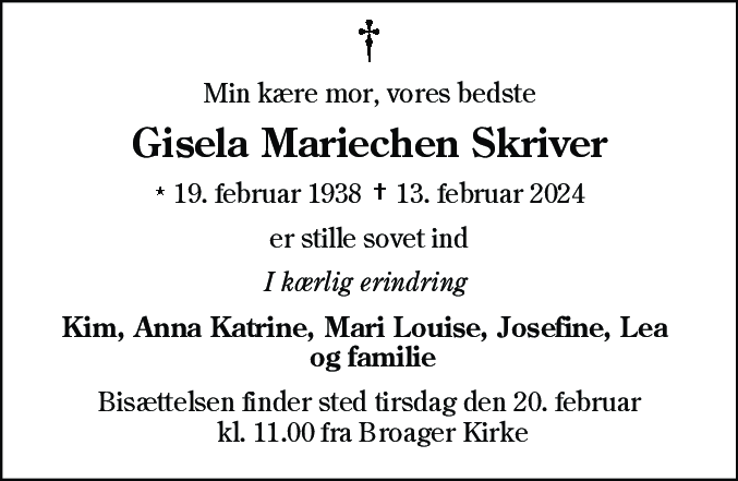 Dødsannonce for Gisela Mariechen Skriver