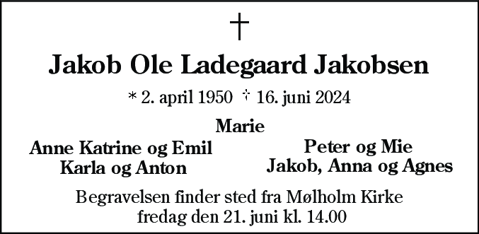 Dødsannonce for Jakob Ole Ladegaard Jakobsen