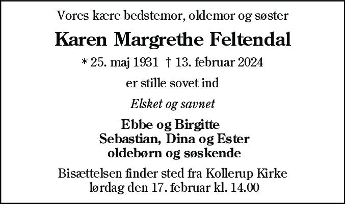 Dødsannonce for Karen Margrethe Feltendal