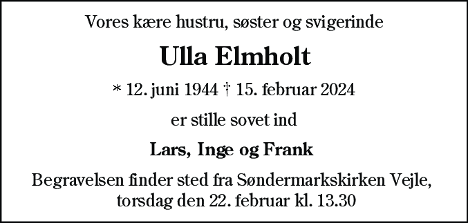 Dødsannonce for Ulla Elmholt