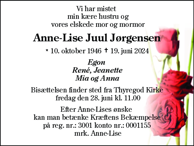 Dødsannonce for Anna-Lise Juul Jørgensen