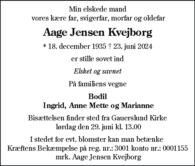 Dødsannonce for Aage Jensen Kvejborg