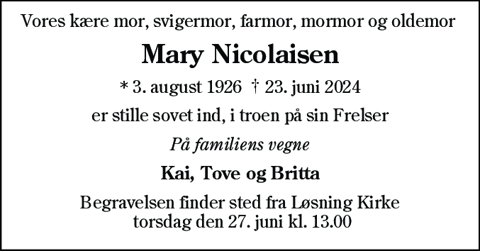 Dødsannonce for Mary Nicolaisen