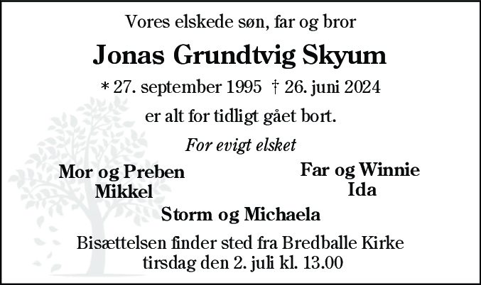 Dødsannonce for Jonas Grundtvig Skyum