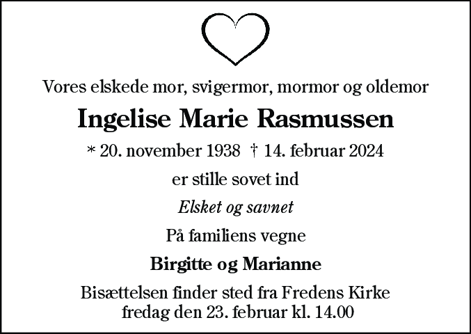 Dødsannonce for Ingelise Marie Rasmussen