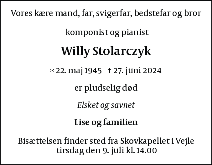 Dødsannonce for Willy Stolarczyk
