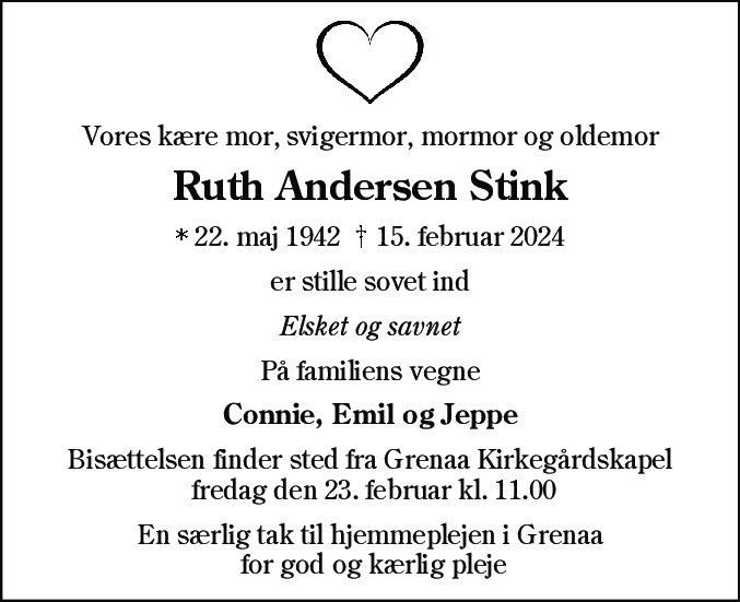 Dødsannonce for Ruth Andersen Stink
