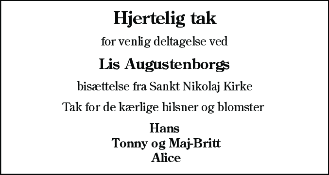 Dødsannonce for Lis Alma Byrding Augustenborg