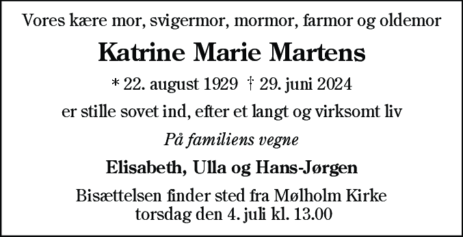 Dødsannonce for Katrine Marie Martens