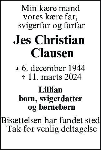 Dødsannonce for Jes Christian Clausen